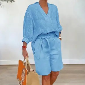 Women Casual Street Hipster Solid Color Cotton Linen Loose V-Neck Long-Sleeve Top Lace-Up Shorts Two-Piece Set