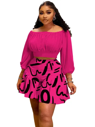 Women Plus Size Pleated Lantern Sleeve Crop Top and Loose Shorts Set