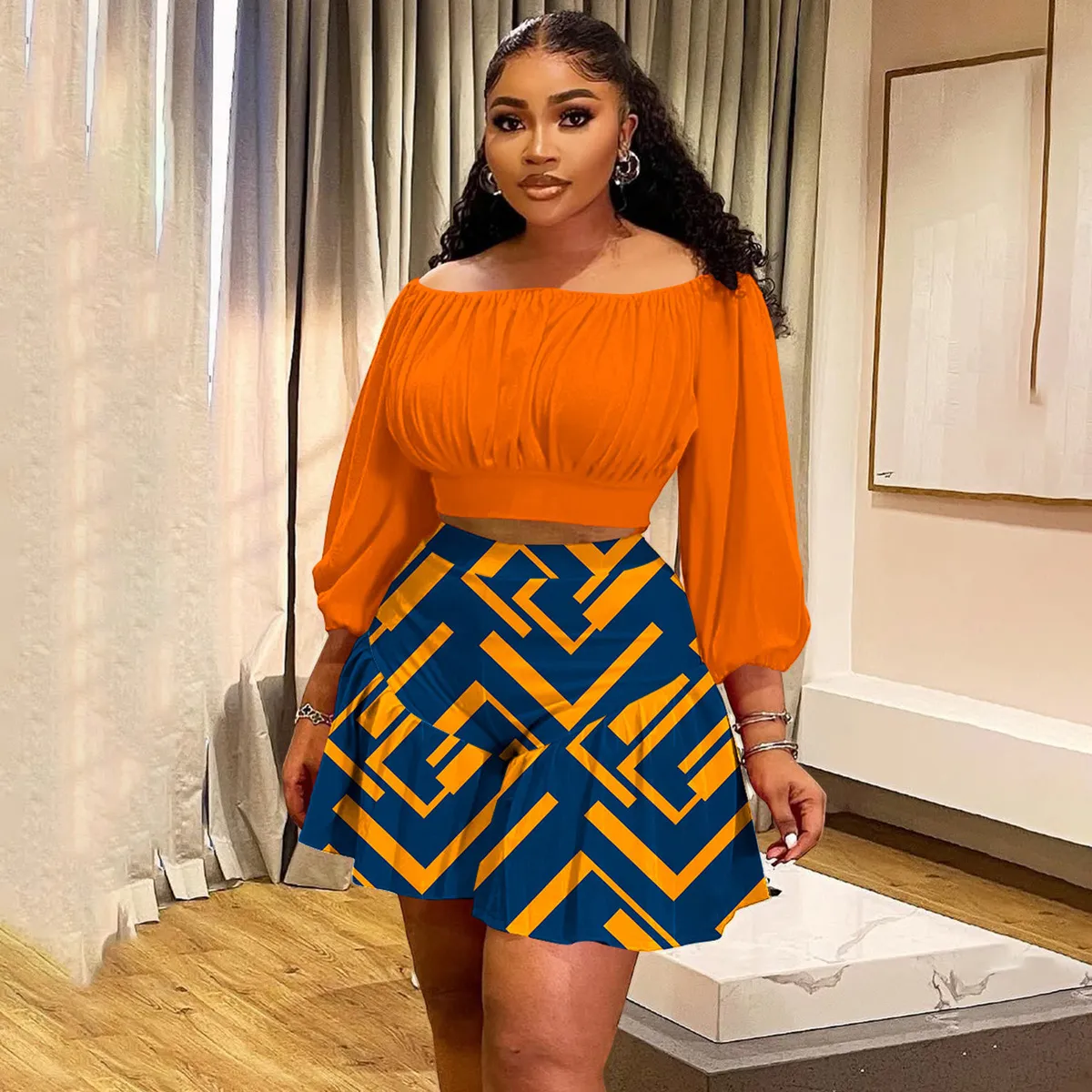 Women Plus Size Pleated Lantern Sleeve Crop Top and Loose Shorts Set