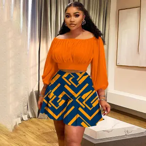 Women Plus Size Pleated Lantern Sleeve Crop Top and Loose Shorts Set