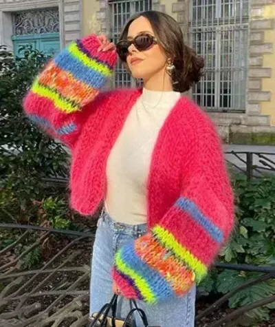 Women Casual Rainbow Stripe Geometric Pattern Long Sleeve Loose V-Neck Knitwear