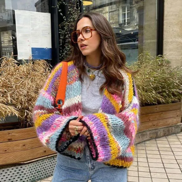 Women Casual Rainbow Stripe Geometric Pattern Long Sleeve Loose V-Neck Knitwear