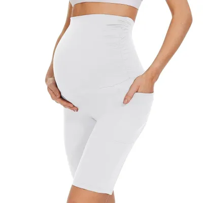 Pregnant Women Casual Solid Color High-Waist Slim-Fit Abdomen-Supporting Bermuda Shorts