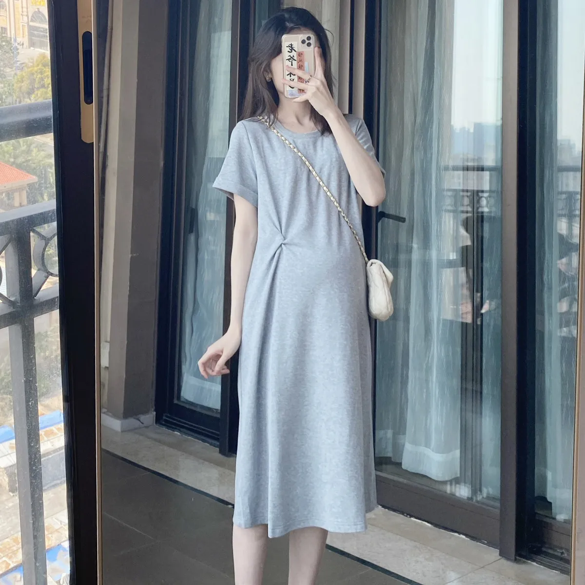 Pregnant Women Casual Solid Color Round Neck Short Sleeve Loose A-Line Dress