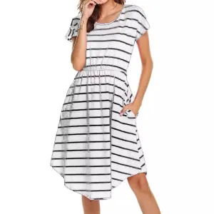 Pregnant Woman Casual Stripe Round-Neck Short-Sleeve Breastfeeding Maternity Dress