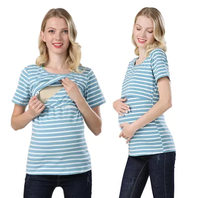 Pregnant Women Fashion Stripe Cotton Round Neck Short-Sleeve Slim Fit T-Shirt