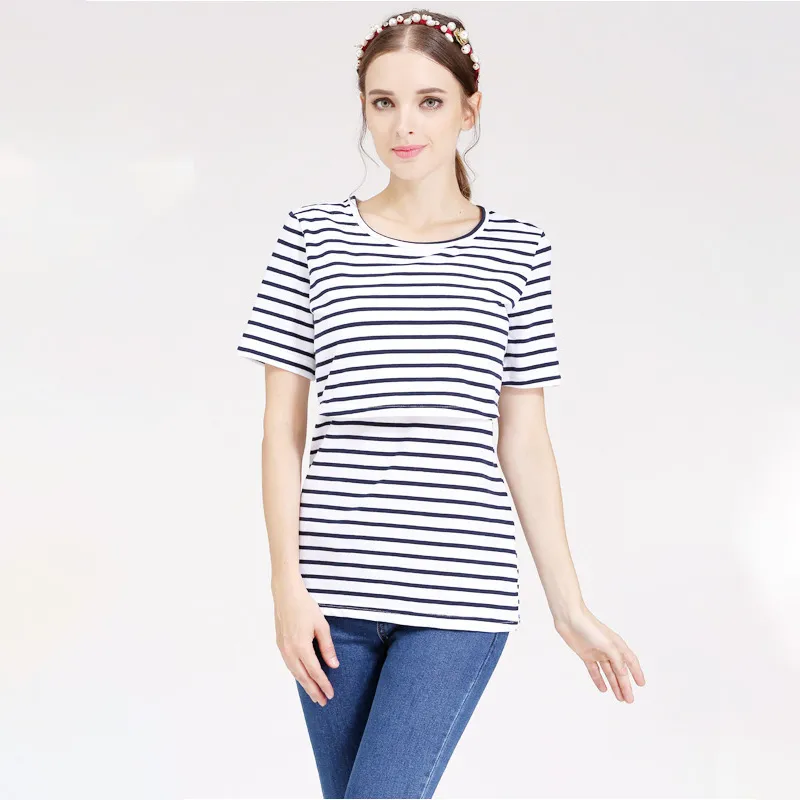 Pregnant Women Fashion Stripe Cotton Round Neck Short-Sleeve Slim Fit T-Shirt