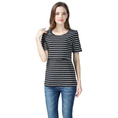 Pregnant Women Fashion Stripe Cotton Round Neck Short-Sleeve Slim Fit T-Shirt