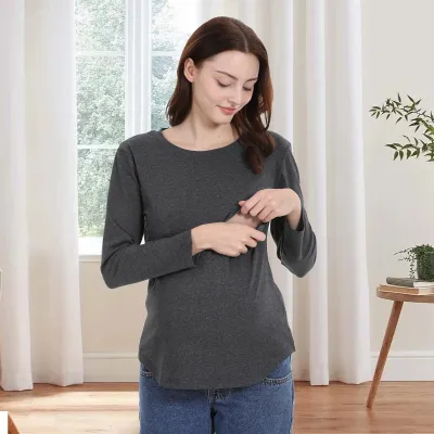Pregnant Women Simple Solid Color Cotton Long Sleeve Zipper T-Shirt