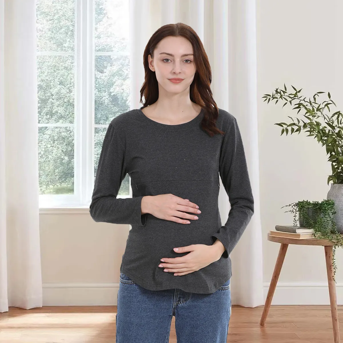 Pregnant Women Simple Solid Color Cotton Long Sleeve Zipper T-Shirt