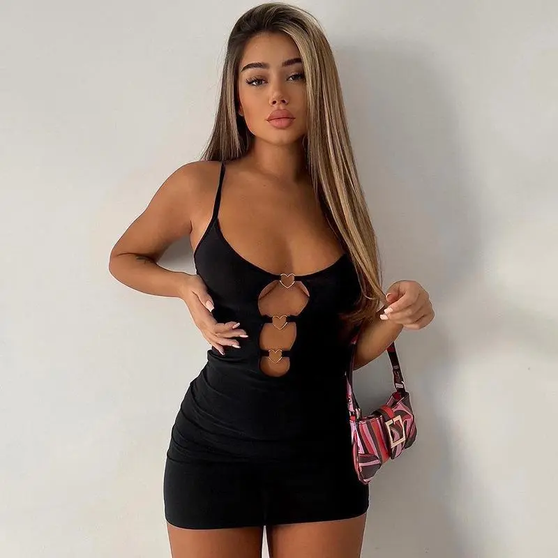 Women Nightclub Fashion Sexy Solid Color Hollow-Out Love-Buckle Spaghetti Strap Slim Fit Dress