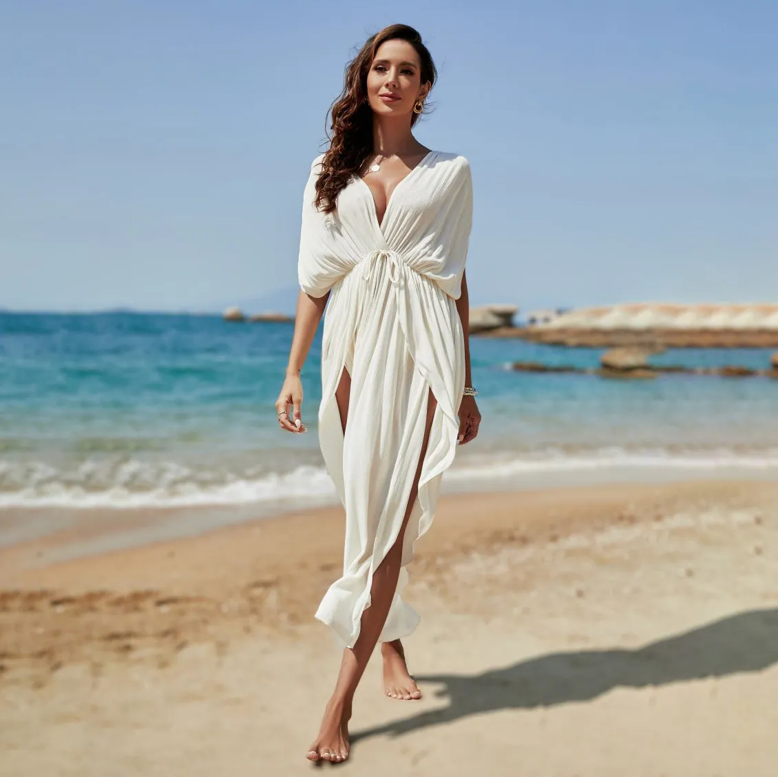 Women Sexy Cotton Solid Color Short-Sleeve Backless Lace-Up Beach Swimsuit Cover-Up Dress