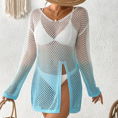 Women Fashion Sexy Gradient Long Sleeve Hollow Out Split Beach Swimsuit Cover-Ups