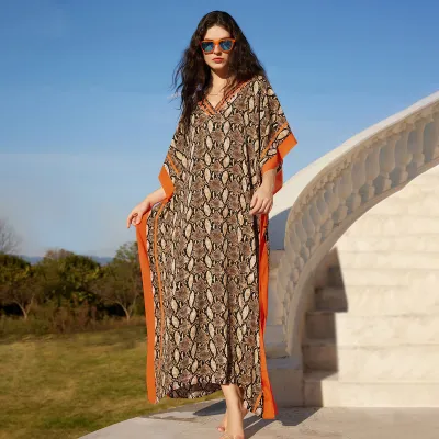 Women Fashion Casual Printed V-Neck Loose Beach Swimsuit Cover-Ups