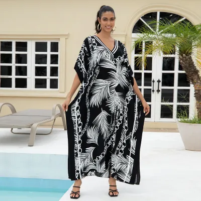 Women Fashion Casual Printed V-Neck Loose Beach Swimsuit Cover-Ups
