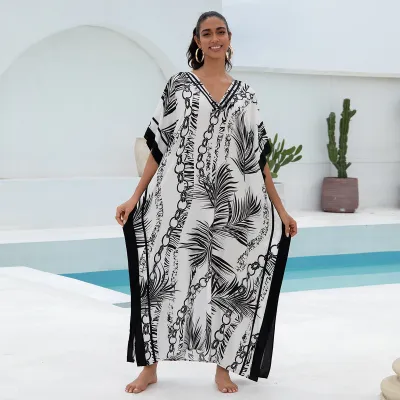 Women Fashion Casual Printed V-Neck Loose Beach Swimsuit Cover-Ups