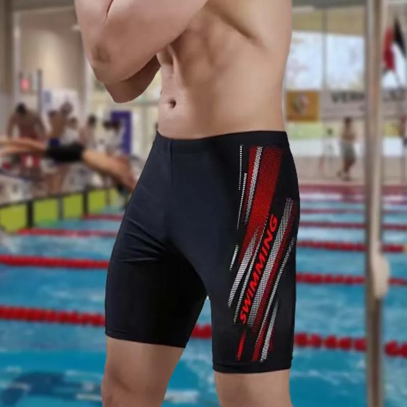 Men Letter Print Color Matching Professional Racing Swimwear