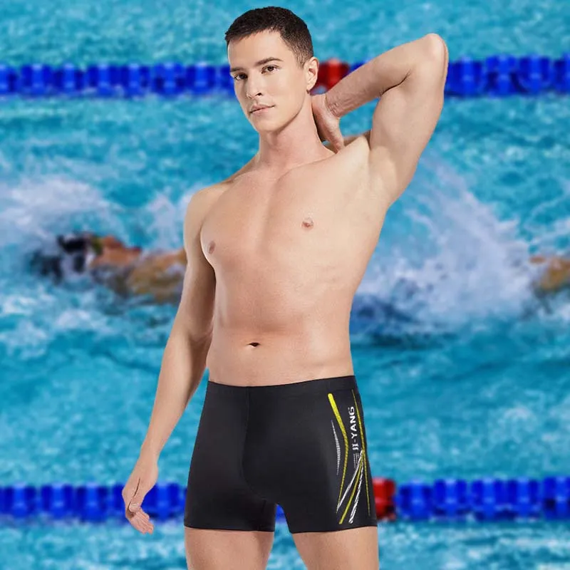 Men Letter Print Color Matching Flat Angle Professional Racing Swimwear