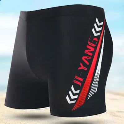 Men Letter Print Color Block Flat Angle Professional Racing Swimwear