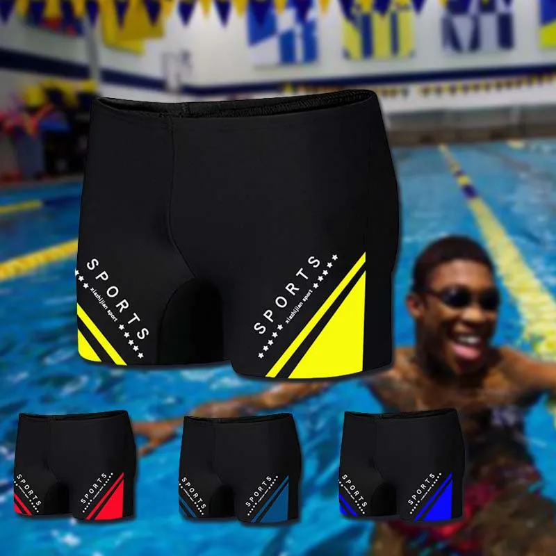 Men Letter Print Color Matching Flat Angle Professional Racing Swimwear