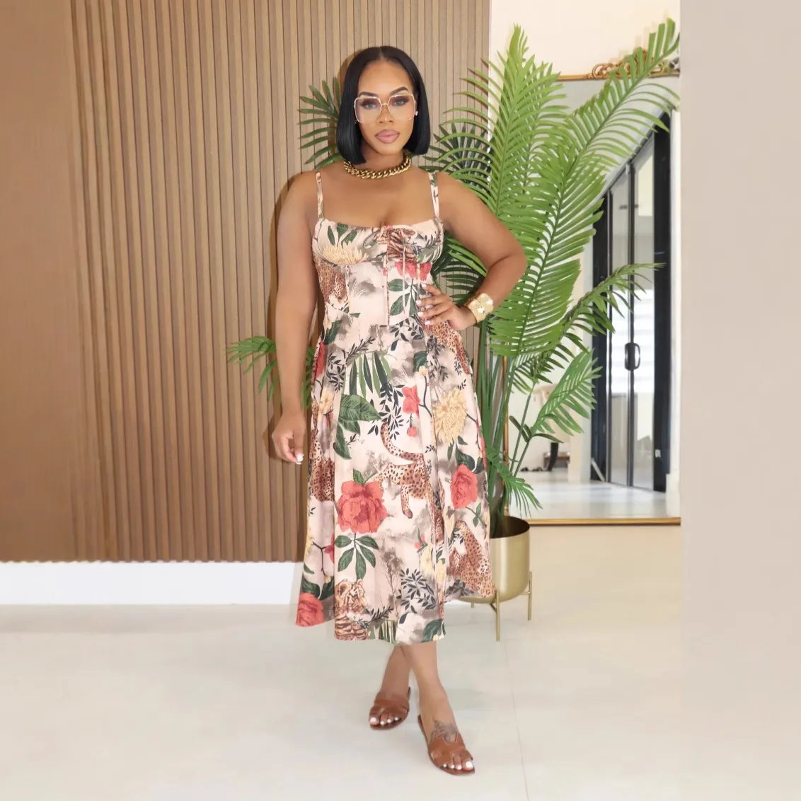Women Sexy Floral Printed Spaghetti Strap Split Midi Dress