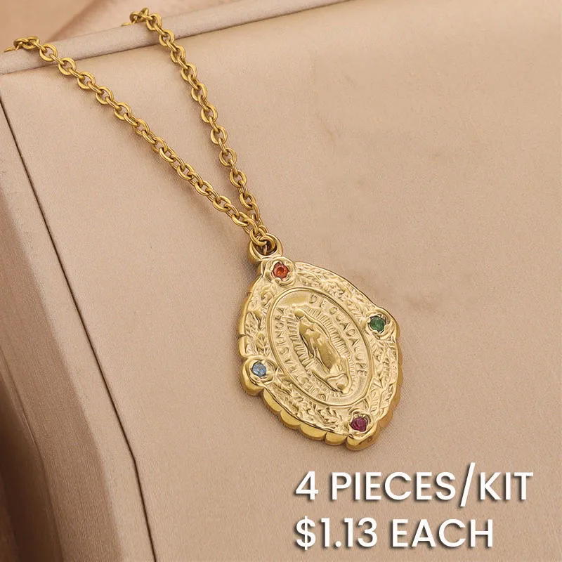 Stainless Steel Oval Maria Pendant Multicolor Rhinestone Chain Necklace