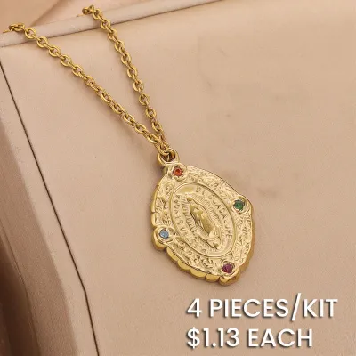 Stainless Steel Oval Maria Pendant Multicolor Rhinestone Chain Necklace