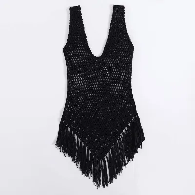 Women Sexy Solid Color Tassel Hollow-Out Sleeveless Knitted Swimsuit Cover-Up