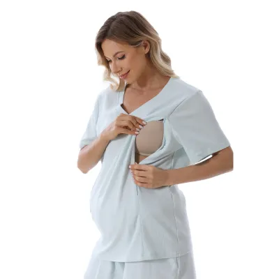 Pregnant Women Casual Solid Color Breastfeeding V-Neck Short-Sleeve Top Loose Short Pajamas Set