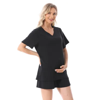 Pregnant Women Casual Solid Color Breastfeeding V-Neck Short-Sleeve Top Loose Short Pajamas Set