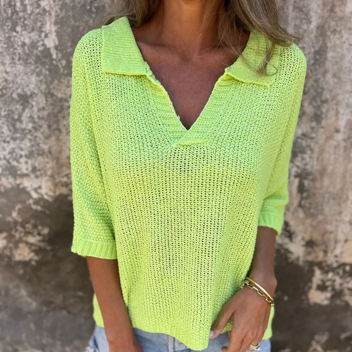 Women Casual Lapel Pullover Knitted T-Shirt Solid Color Long-Sleeve
