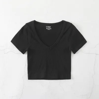 Women Casual Solid Color V-Neck Short-Sleeve Seamless Yoga Sports T-Shirt