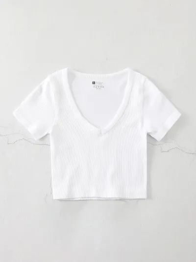 Women Casual Solid Color V-Neck Short-Sleeve Seamless Yoga Sports T-Shirt