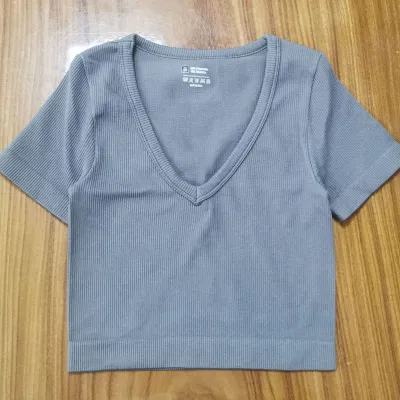 Women Casual Solid Color V-Neck Short-Sleeve Seamless Yoga Sports T-Shirt