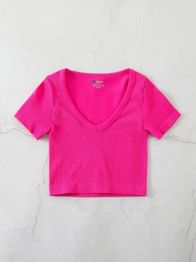 Women Casual Solid Color V-Neck Short-Sleeve Seamless Yoga Sports T-Shirt