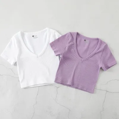 Women Casual Solid Color V-Neck Short-Sleeve Seamless Yoga Sports T-Shirt