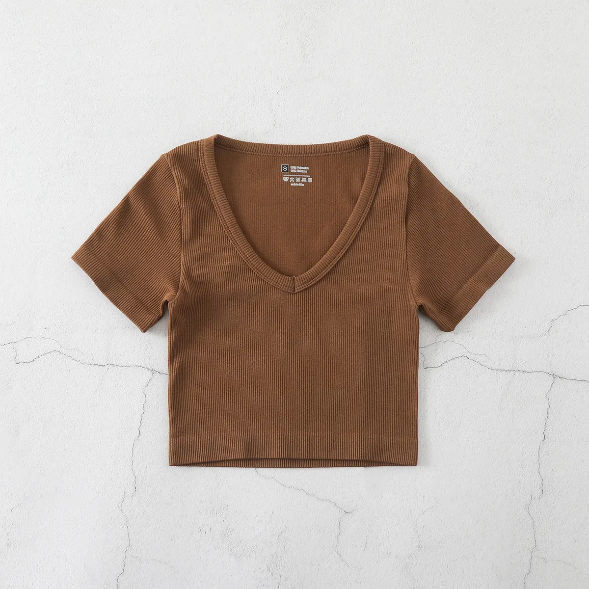 Women Casual Solid Color V-Neck Short-Sleeve Seamless Yoga Sports T-Shirt