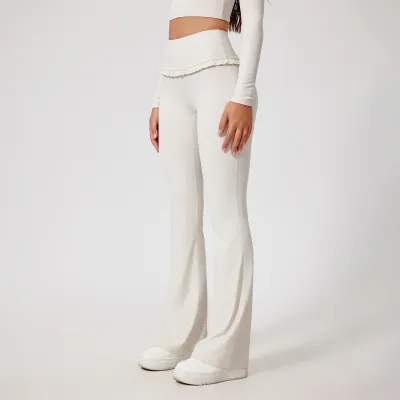 Women Casual Solid Color Lace Edge High Waist Yoga Sports Pants