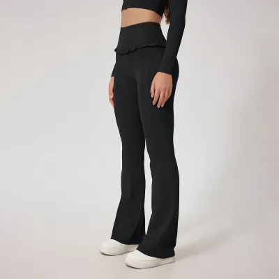 Women Casual Solid Color Lace Edge High Waist Yoga Sports Pants