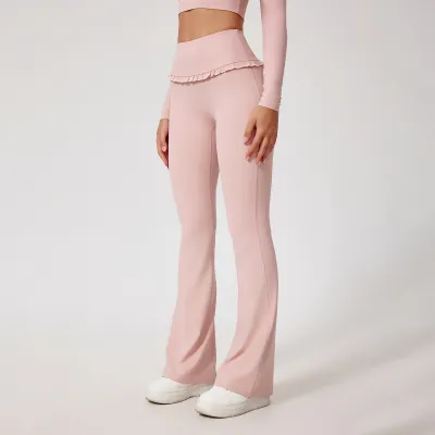 Women Casual Solid Color Lace Edge High Waist Yoga Sports Pants