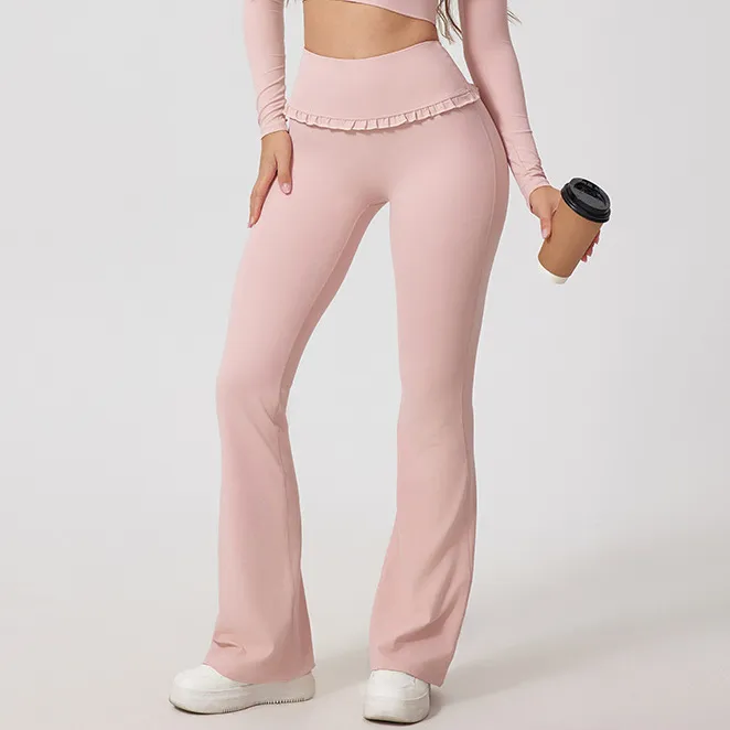 Women Casual Solid Color Lace Edge High Waist Yoga Sports Pants