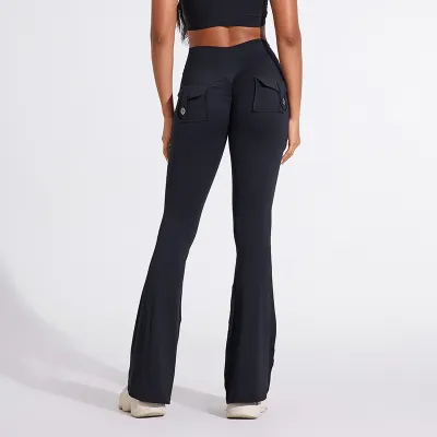 Women Fashion Sexy Solid Color Pocket Micro-Flared Yoga Sports Pants