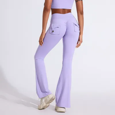 Women Fashion Sexy Solid Color Pocket Micro-Flared Yoga Sports Pants