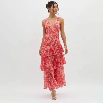 Women Fashion Sexy Chiffon Ruffled Floral Printed V-Neck Sleeveless Slim-Fit Dress