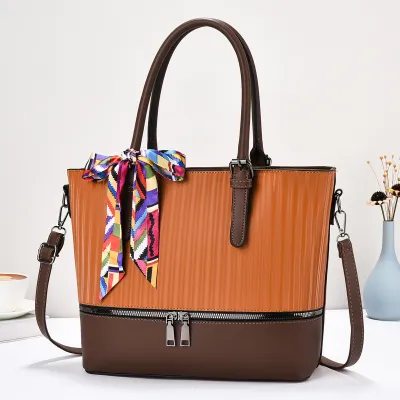 Women Fashion Casual Color Block Stone Pattern Zipper Ribbon Large Capacity PU Bucket Handbag