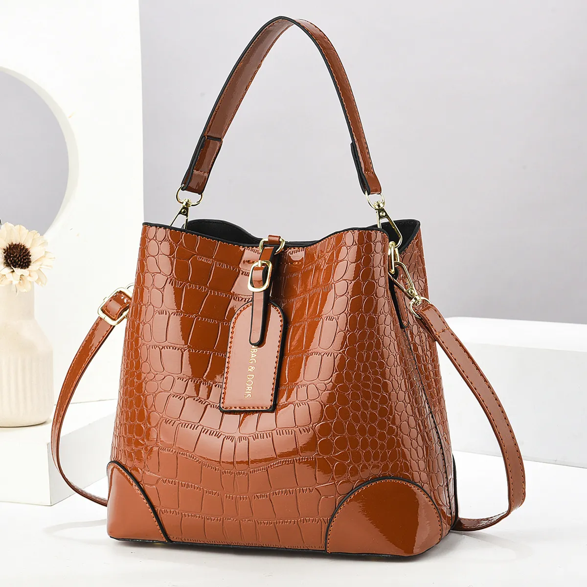 Women Fashion Casual Solid Color Crocodile Pattern Large Capacity Handbag