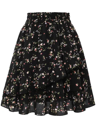Women Fashion Elegant Irregular Floral Printed Ruffled Pleated Skirt