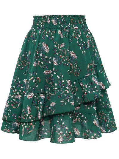 Women Fashion Elegant Irregular Floral Printed Ruffled Pleated Skirt