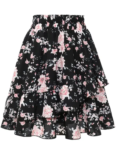 Women Fashion Elegant Irregular Floral Printed Ruffled Pleated Skirt