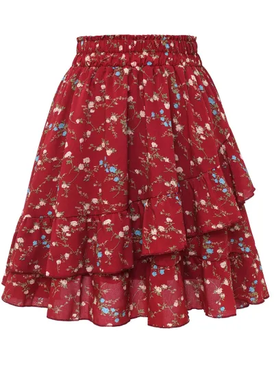 Women Fashion Elegant Irregular Floral Printed Ruffled Pleated Skirt